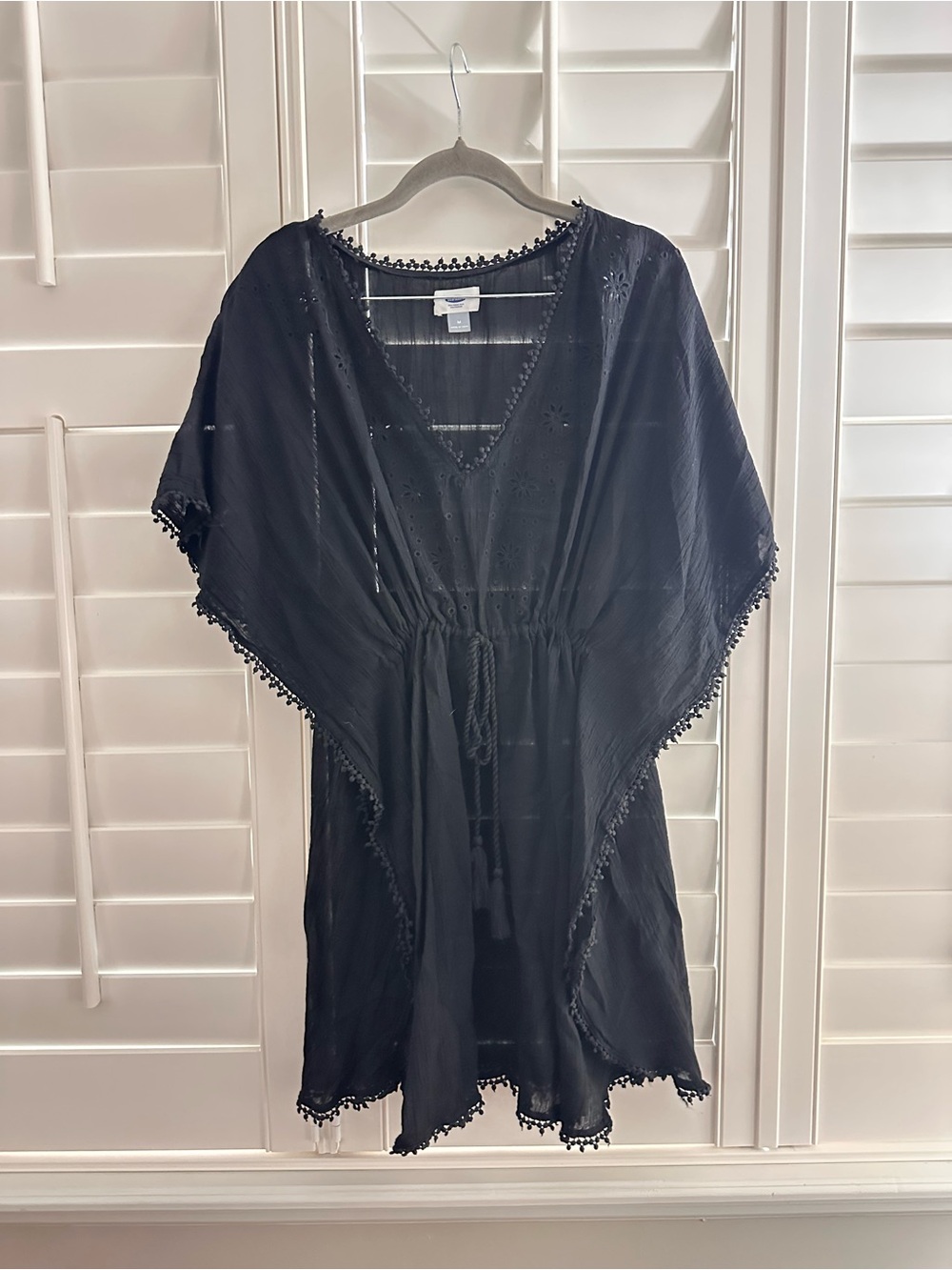 Old Navy Black Women's Swim Cover-Up Caftan with Pom Trim